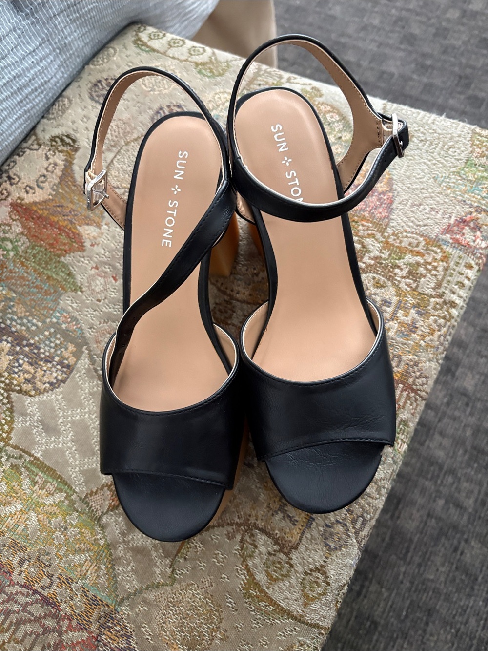 Sun + Stone Black Open-Toe Slingback Block Heels